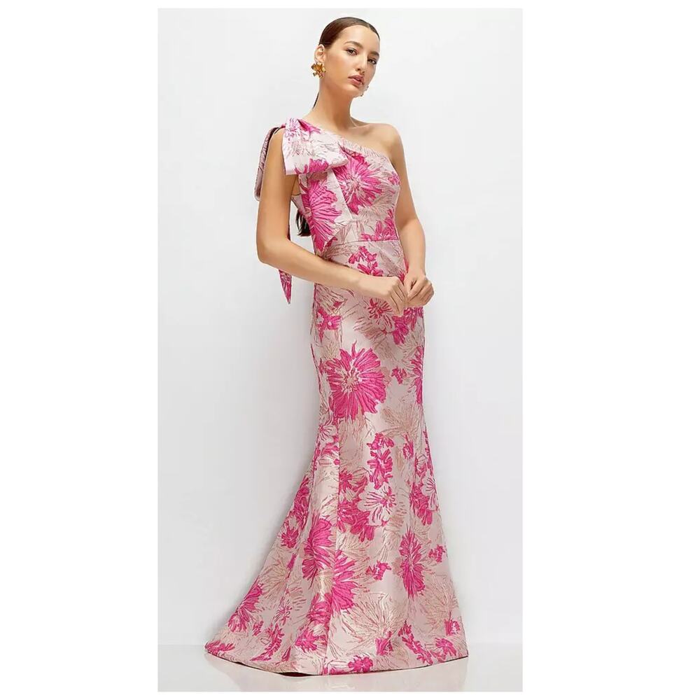 NEW Alfred Sung One-Shoulder Metallic Floral Jacquard Trumpet Gown Size 8 - Picture 3 of 12